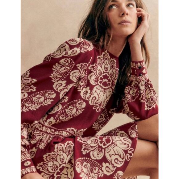 Sezane Andrea Ornamental Print Maroon Mini Dress